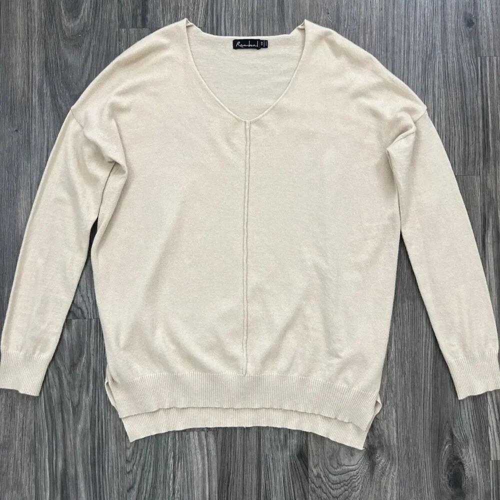 Racheal Oversized Long Sleeve Drop Shoulder V Neck Sweater Cream Size Small